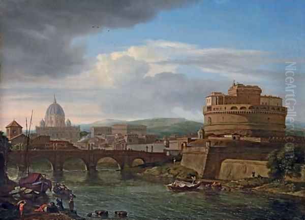 A view of the Tiber, Rome, with the Castel Sant'Angelo and St. Peter's beyond Oil Painting by Isaac de Moucheron