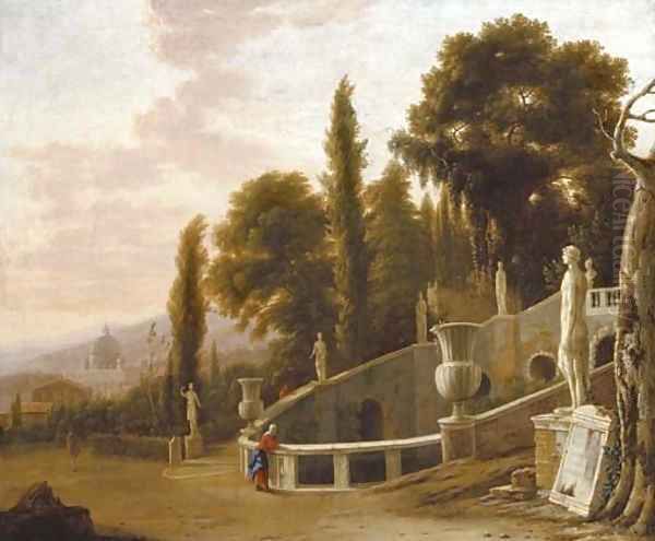 Figures by a fountain with a view of Saint Peter's beyond by Isaac de Moucheron