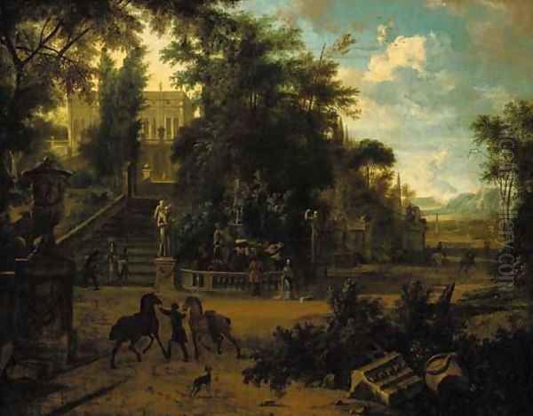 The gardens of a renaissance palace with elegant company, horses and grooms Oil Painting by Isaac de Moucheron