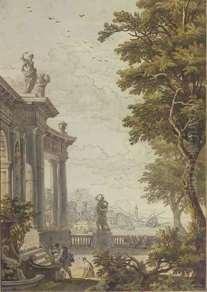 A classical gateway with a man and his dog at a fountain, a port and mountains beyond Oil Painting by Isaac de Moucheron