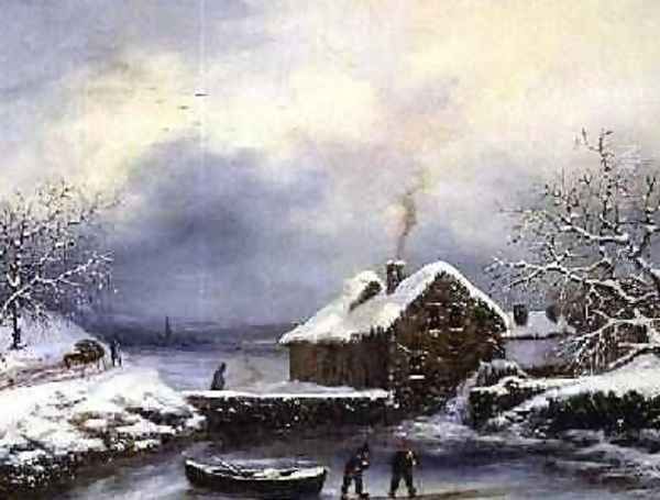 Frozen River Scene with Figures Oil Painting by Louis Claude Mallebranche