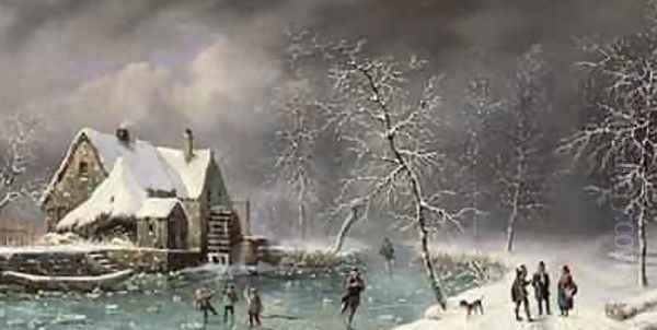 Winter Scene Oil Painting by Louis Claude Mallebranche