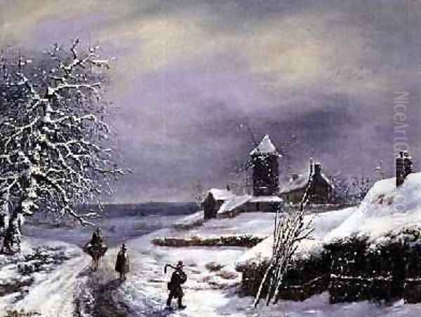 Winter Scene with Figures Oil Painting by Louis Claude Mallebranche