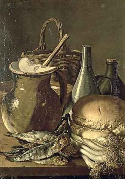 Still Life with Fish Leeks and Bread Oil Painting by Luis Egidio Menendez or Melendez