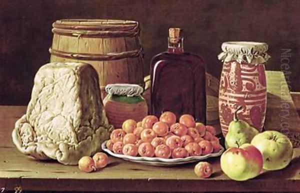 Still Life with Fruit and Cheese Oil Painting by Luis Egidio Menendez or Melendez