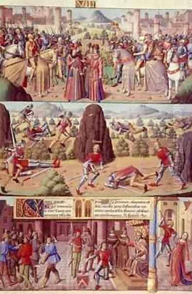 Harley 4375 fol123 Scenes from the life of Horatius Chapter 1 Book VIII of Les faits et les dis des romains et de autres gens or Memorabilia Oil Painting by Francois (Fouquet) Maitre