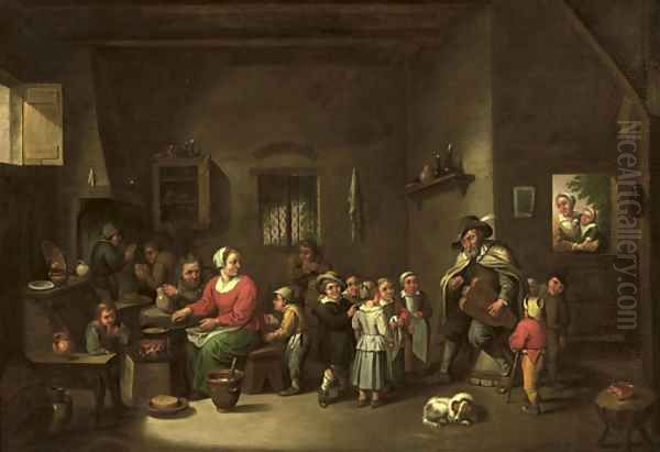 An interior with a hurdy-gurdy player making music, children listening and eating pancakes Oil Painting by Victor Mahu