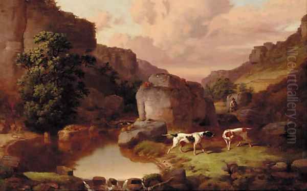 Pointers with a huntsman in a rocky river landscape Oil Painting by William Malbon