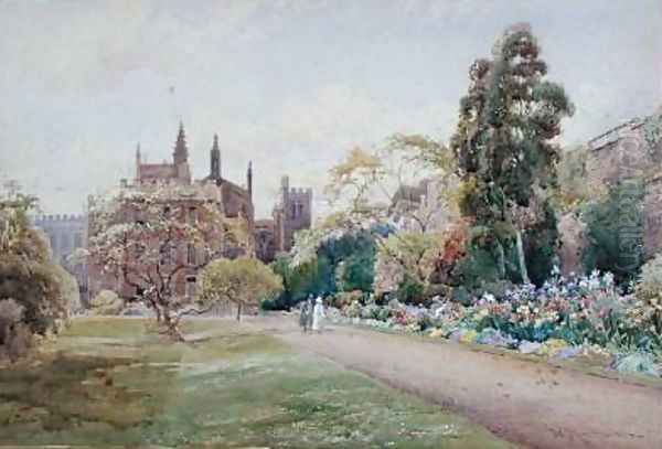 The long walk and flower border in May New College Oxford 1918 Oil Painting by William Matthison