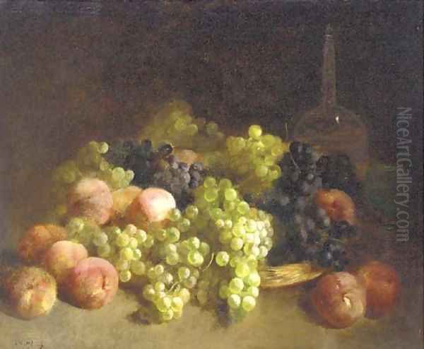 Peaches, white grapes, black grapes, a glass and a decanter Oil Painting by Louis Mettling