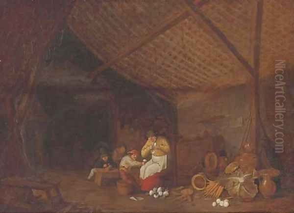 A barn interior with a woman and children peeling onions, earthenware pots, carrots, onions and a cabbage nearby Oil Painting by Bartholomeus Molenaer