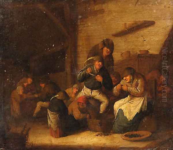 Peasants Gaming and eating Mussels in an Interior Oil Painting by Bartholomeus Molenaer