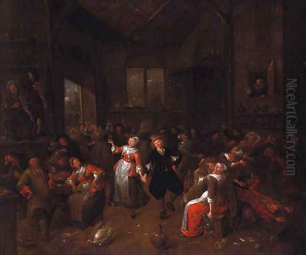 Peasants merrymaking in a barn Oil Painting by Bartholomeus Molenaer