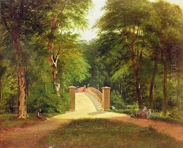 Figures in a Park Copenhagen Oil Painting by Carl Ludwig Ferdinand Messmann