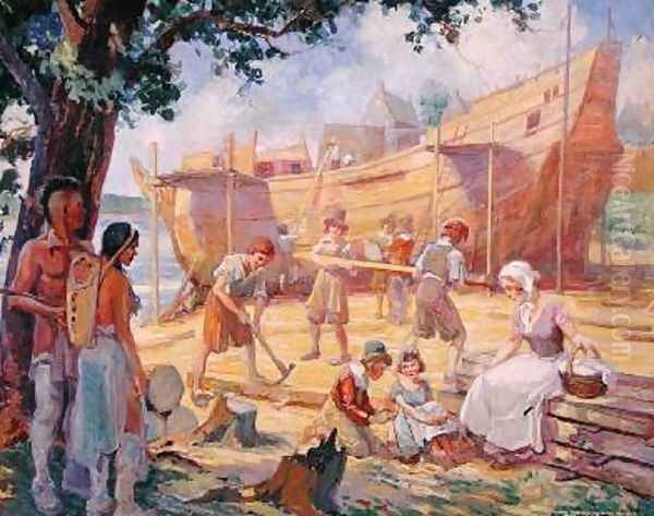 Ship Building in New Netherland 1930s Oil Painting by G. Moore