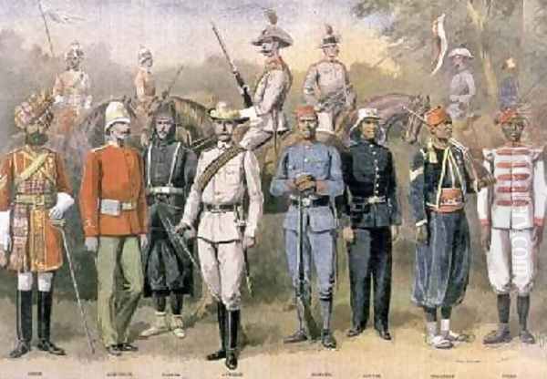 English colonial armies in their respective uniforms in celebration of the Jubilee of Queen Victoria 21 June 1883 illustration from Le Petit Journal 1899 Oil Painting by P.H.G.V. Michel