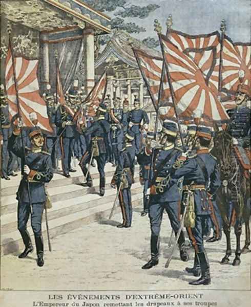 His Imperial Majesty Mutsuhito Emperor of Japan giving the flags to his troops, illustration from Le Petit Journal Supplement illustre 6th March 1904 Oil Painting by P.H.G.V. Michel