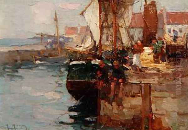 Fishing on the Quayside Oil Painting by William Watt Milne