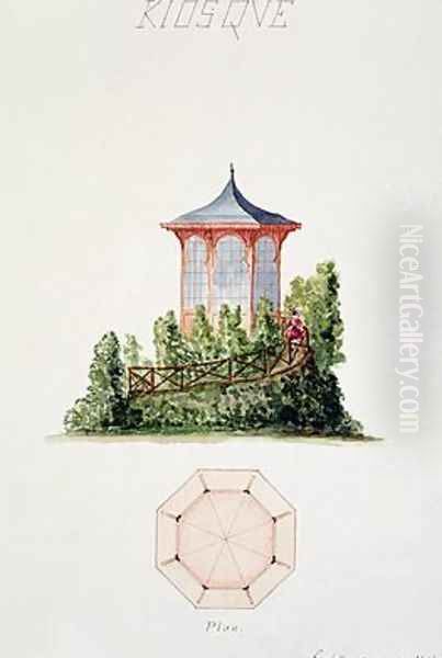 Design for a pavilion in simplified oriental style from a folio of original drawings in classical and early Belle-Epoque styles Oil Painting by H. Monnot