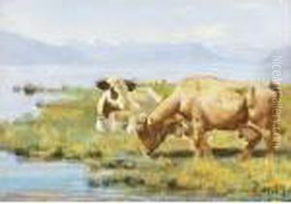 Cows At Lakeshore Oil Painting by Ferdinand Hodler