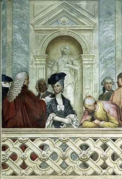 Group of seven notaries including one ecclesiastical figure Oil Painting by Michelangelo Morlaiter