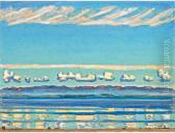 On Lake Of Geneva (landscape With Rhythmic Shapes) Oil Painting by Ferdinand Hodler