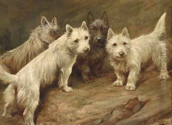 Four Cairn terriers Oil Painting by Fannie Moody