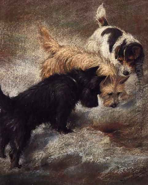 Terriers rabbiting Oil Painting by Fannie Moody