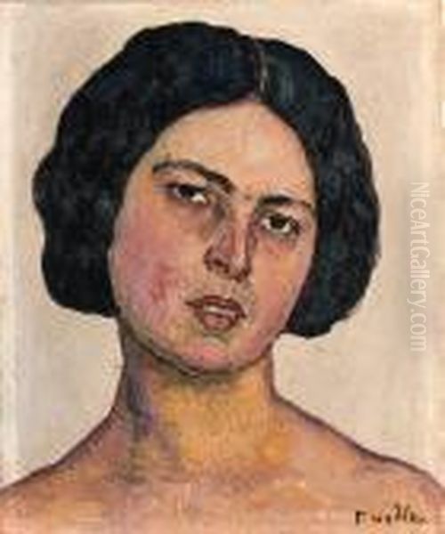 Frauenkopf Auf Gelbem Grund Oil Painting by Ferdinand Hodler