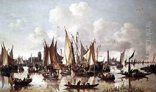 Dutch ships at Dordrecht Harbour Oil Painting by Hendrick de Meyer