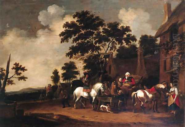 Travellers halting outside the Swan inn Oil Painting by Hendrick de Meyer