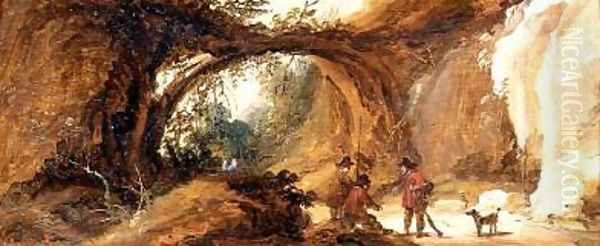 A rocky landscape with sportsmen on a path Oil Painting by (follower of) Momper, Joos de