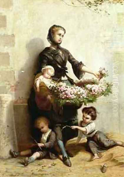 Victorian Flower Seller Oil Painting by Leopold de Moulignon