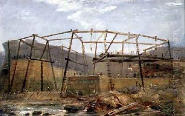 Spur Points of Piers of Inner Harbour with Cofferdam May 1829 Oil Painting by Robert Mackreth