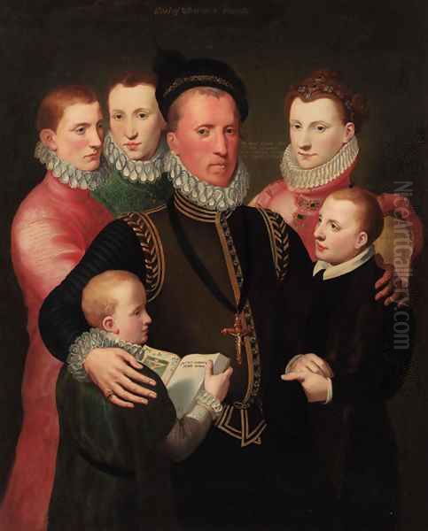 A group portrait of the Winton family, standing three-quarter-length George, 7th Lord Seton in a gold-trimmed black doublet Oil Painting by Sir John Baptist de Medina