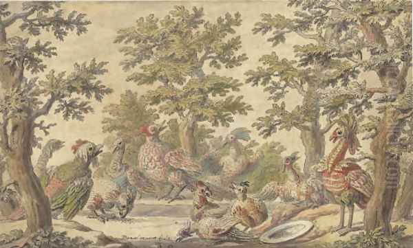 Fantastic birds frolicking in a wooded landscape Oil Painting by Daniel the Elder Marot