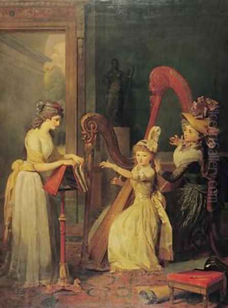 Harp lesson given by Madame de Genlis to Mademoiselle dOrleans with Mademoiselle Pamela Turning the Pages 1842 Oil Painting by Jean Baptiste Mauzaisse