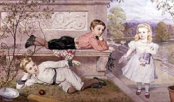 The Farrer Children Gaspard Henry and Cecilia in the Gardens of a Country House in Berkshire Oil Painting by John Collingham Moore