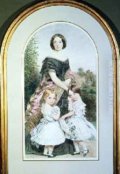 Portrait of a lady with her two daughters Oil Painting by John Collingham Moore