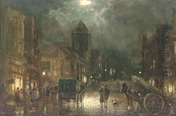 Figures and carriages on a street by moonlight (illustrated) Oil Painting by William Manners