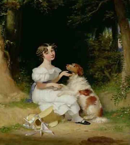 A Young Girl with Her Spaniel 1832 Oil Painting by Alexander Mosses