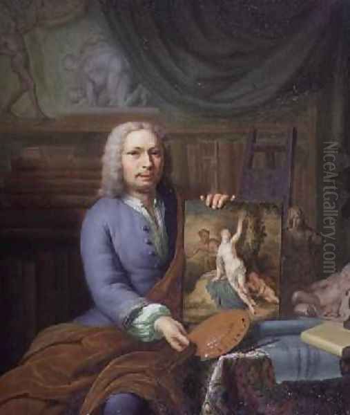 Portrait of the Artists Father holding his painting Erigone Oil Painting by Frans van the Younger Mieris