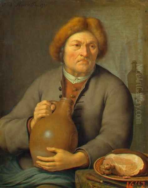 Old Peasant Holding a Jug Oil Painting by Frans van the Younger Mieris