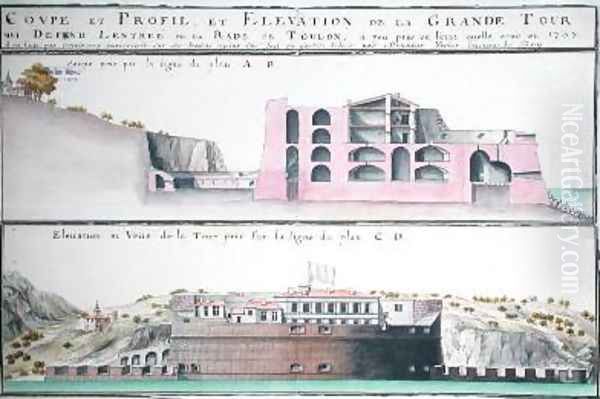 Cross-section and elevation of the harbour tower at Toulon from Traite de Fortifications Oil Painting by Claude Masse