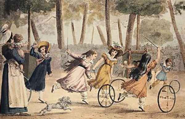 Girls playing hoop in the Luxembourg gardens Oil Painting by Jean Henri Marlet