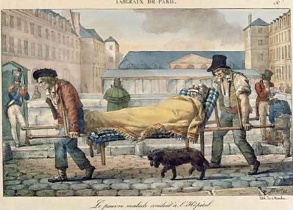 An invalid being carried to the hospital from the Tableaux de Paris series 1820 Oil Painting by Jean Henri Marlet