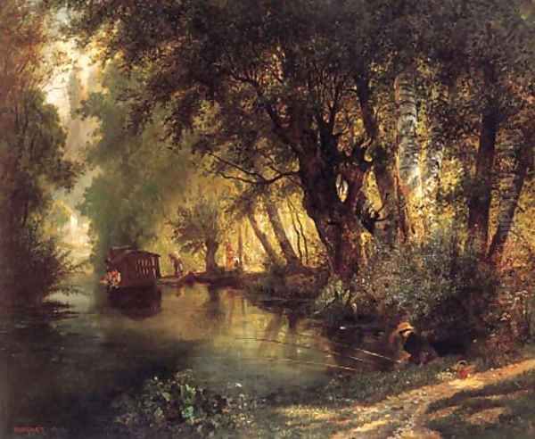 A summer evening on the canal Oil Painting by Jean Pierre Moynet