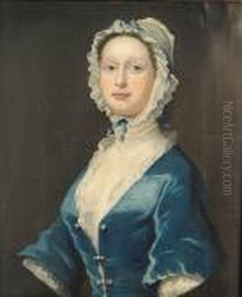 A Portrait Of A Lady, Half-length, Wearing A Blue Dress And A Lace Cap Oil Painting by William Hogarth