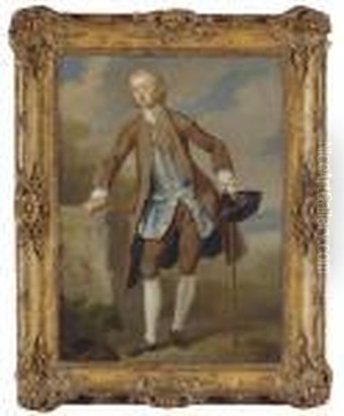 Portrait Of Gustavus Hamilton, 
2nd Viscount Boyne (1710-1746), Small Full-length, In A Brown Coat And 
Breeches With A Blue Silk Waistcoat, A Tricorn Hat And A Walking Stick 
In His Left Hand, In A Landscape Oil Painting by William Hogarth