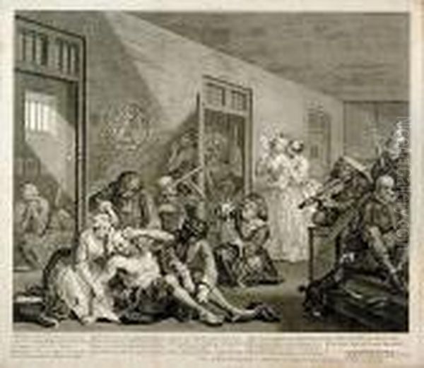 Three Works: A Rake's Progress, 
Interior Of Bedlam, Sedan Chairmen And Saved From Debtor's Prison Oil Painting by William Hogarth